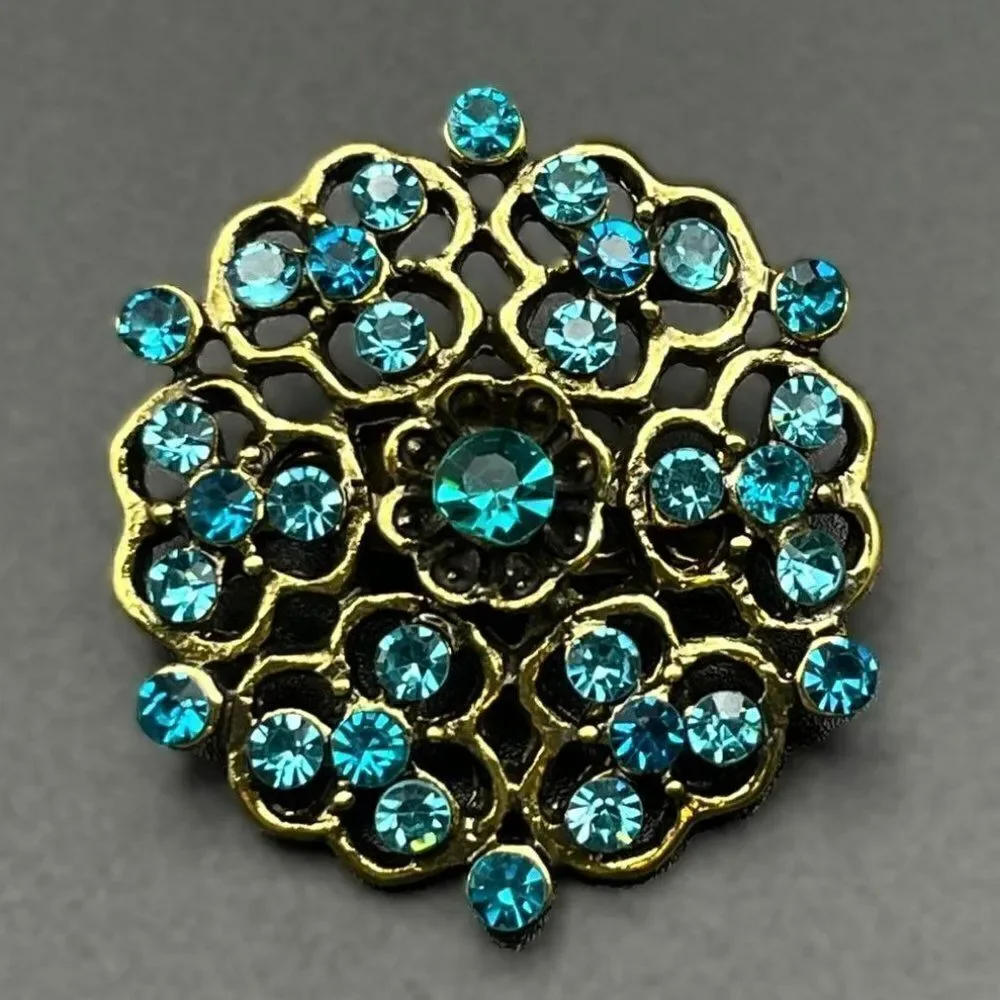 Yellow Gold with Blue Sapphire and Aquamarine Crystal Flower Pin Back Brooch